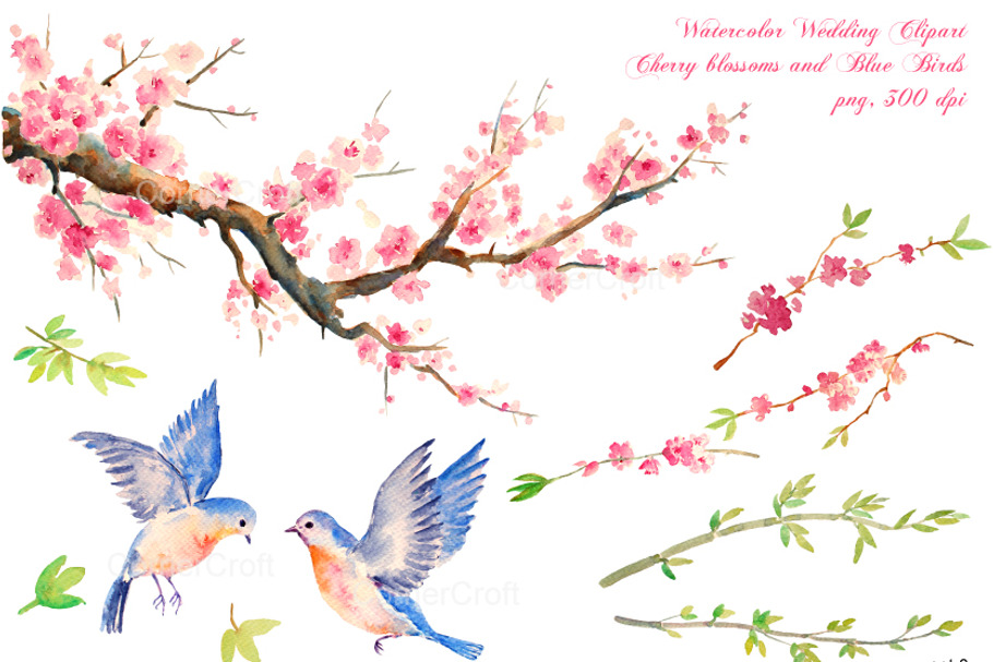 wedding clipart cherry blue birds in Graphics - product preview 8