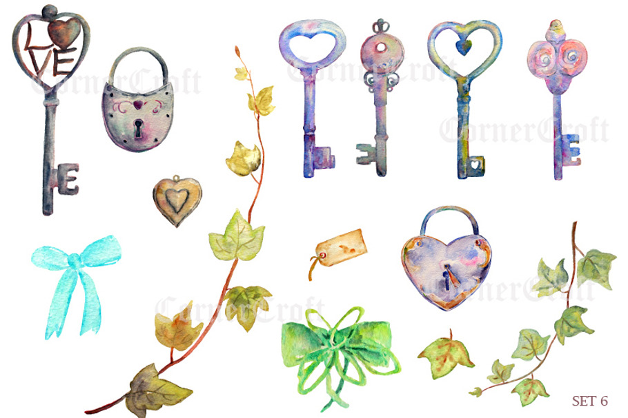 Watercolor Vintage Lock Key Heart in Objects - product preview 8
