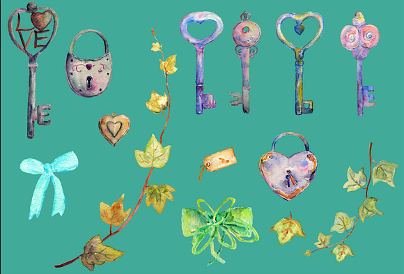 Watercolor Vintage Lock Key Heart in Objects - product preview 1