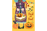 Girl holding basket with pumpkin and sweets