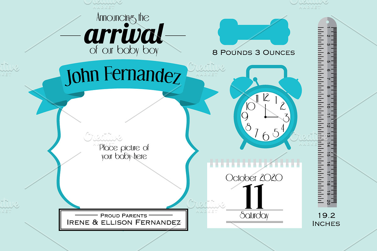baby boy announcement card template in Graphics - product preview 8