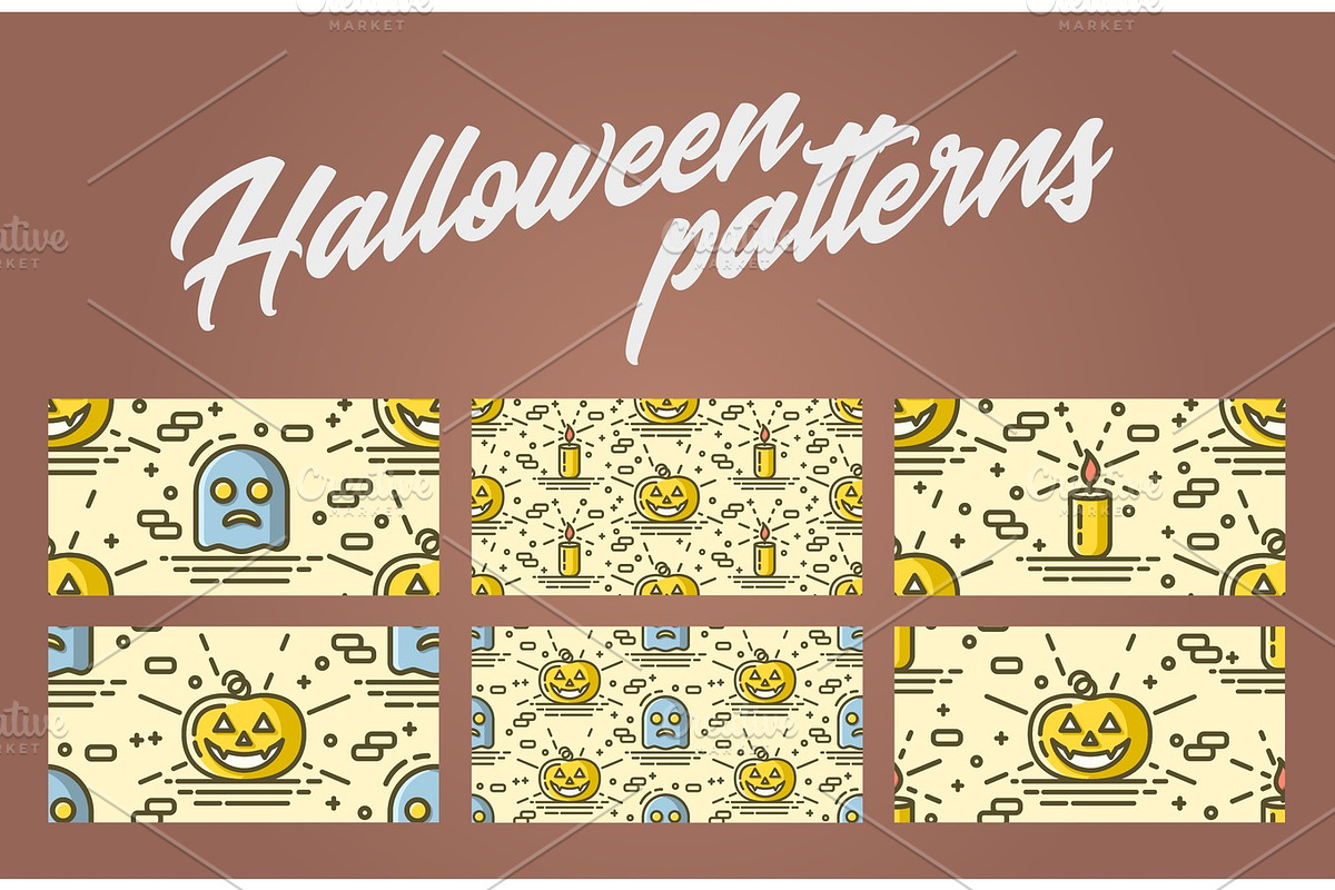 Set of halloween seamless patterns with pumpkin, ghost and candle. Vector backgrounds with linear objects. in Patterns - product preview 8