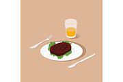 Steak on dish isometric vector illustration