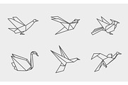 Origami birds linear icons.
