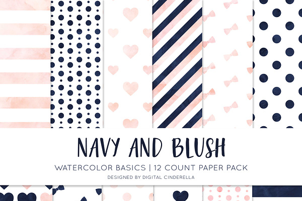 Navy and Blush Watercolor Paper Pack