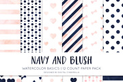 Navy and Blush Watercolor Paper Pack
