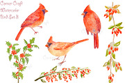 Watercolor Cardinals and Berries