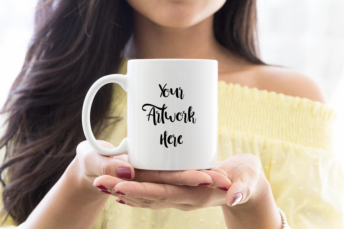 Mug mockup, woman in yellow top in Product Mockups - product preview 8