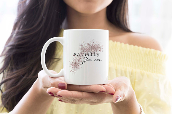 Mug mockup, woman in yellow top in Product Mockups - product preview 1