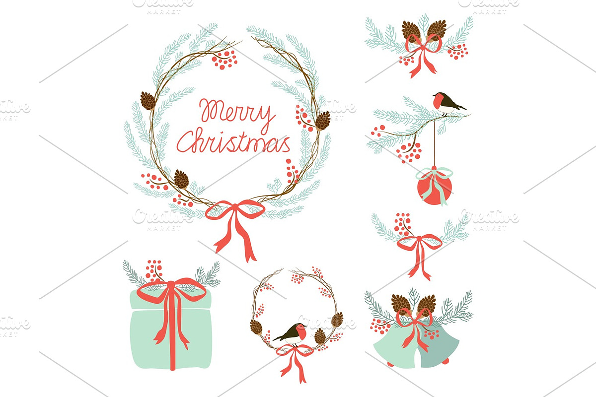 Cute Vintage Hand Drawn Christmas Holiday Floral Wreath collection in Illustrations - product preview 8