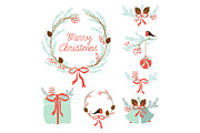 Cute Vintage Hand Drawn Christmas Holiday Floral Wreath collection