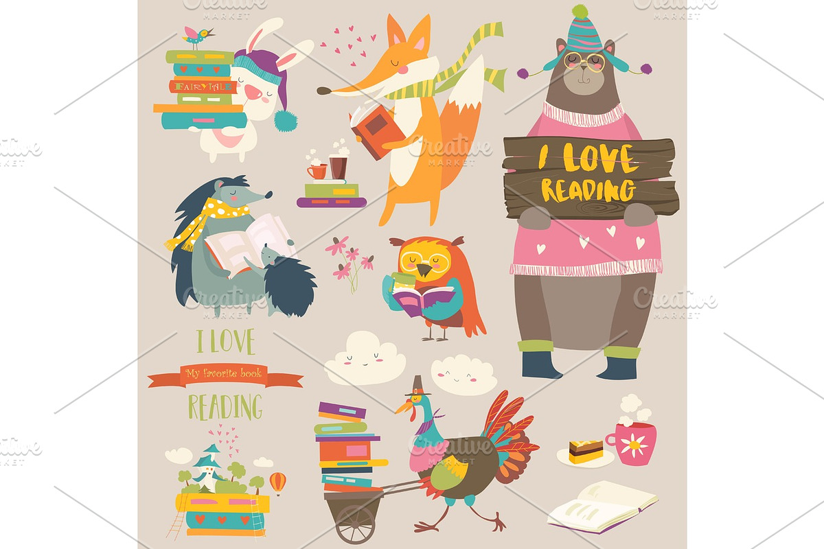 Set of cartoon animals reading books in Illustrations - product preview 8