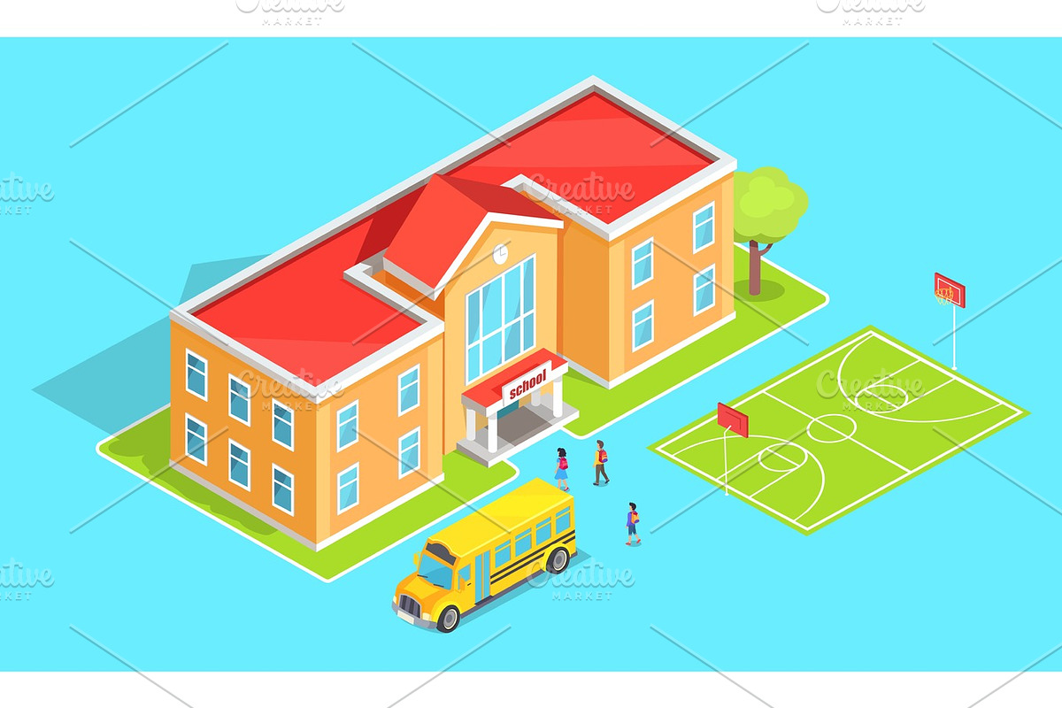 School Orange Two-Storey School and Yellow Bus in Objects - product preview 8