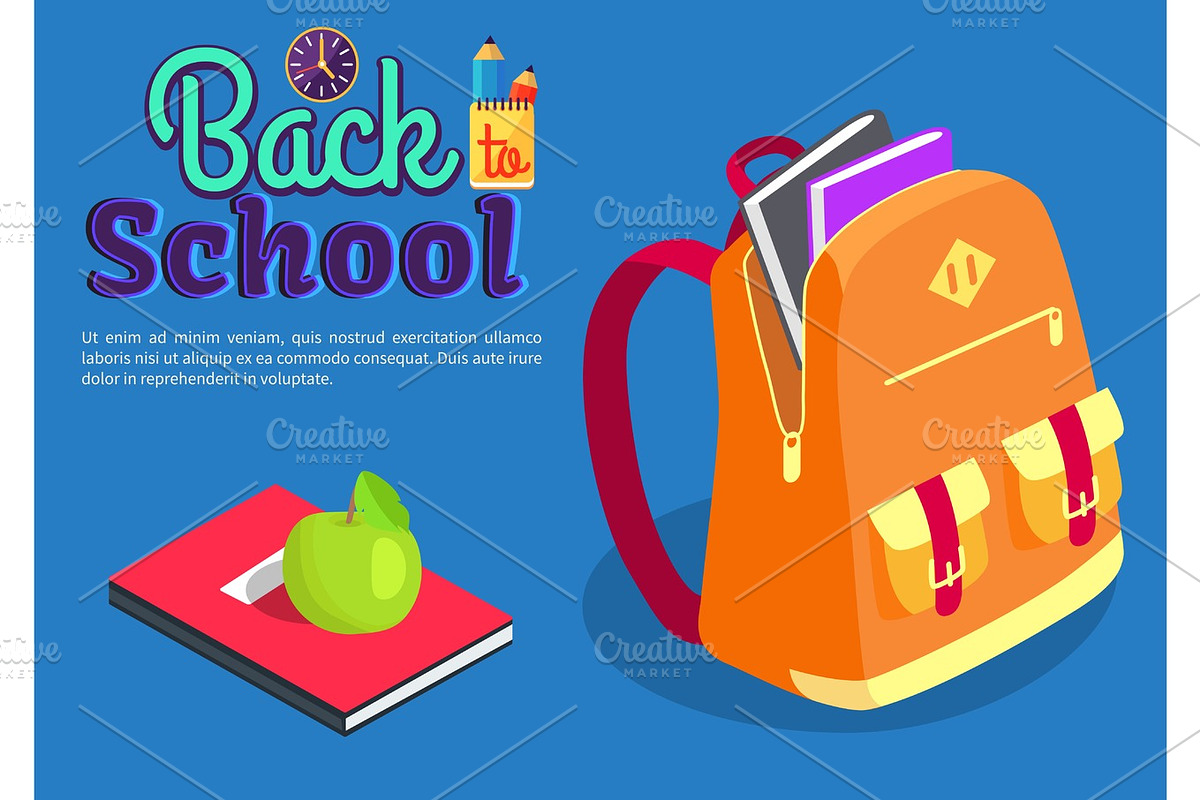 Backpack Full of Book Textbook with Apple Vector in Objects - product preview 8