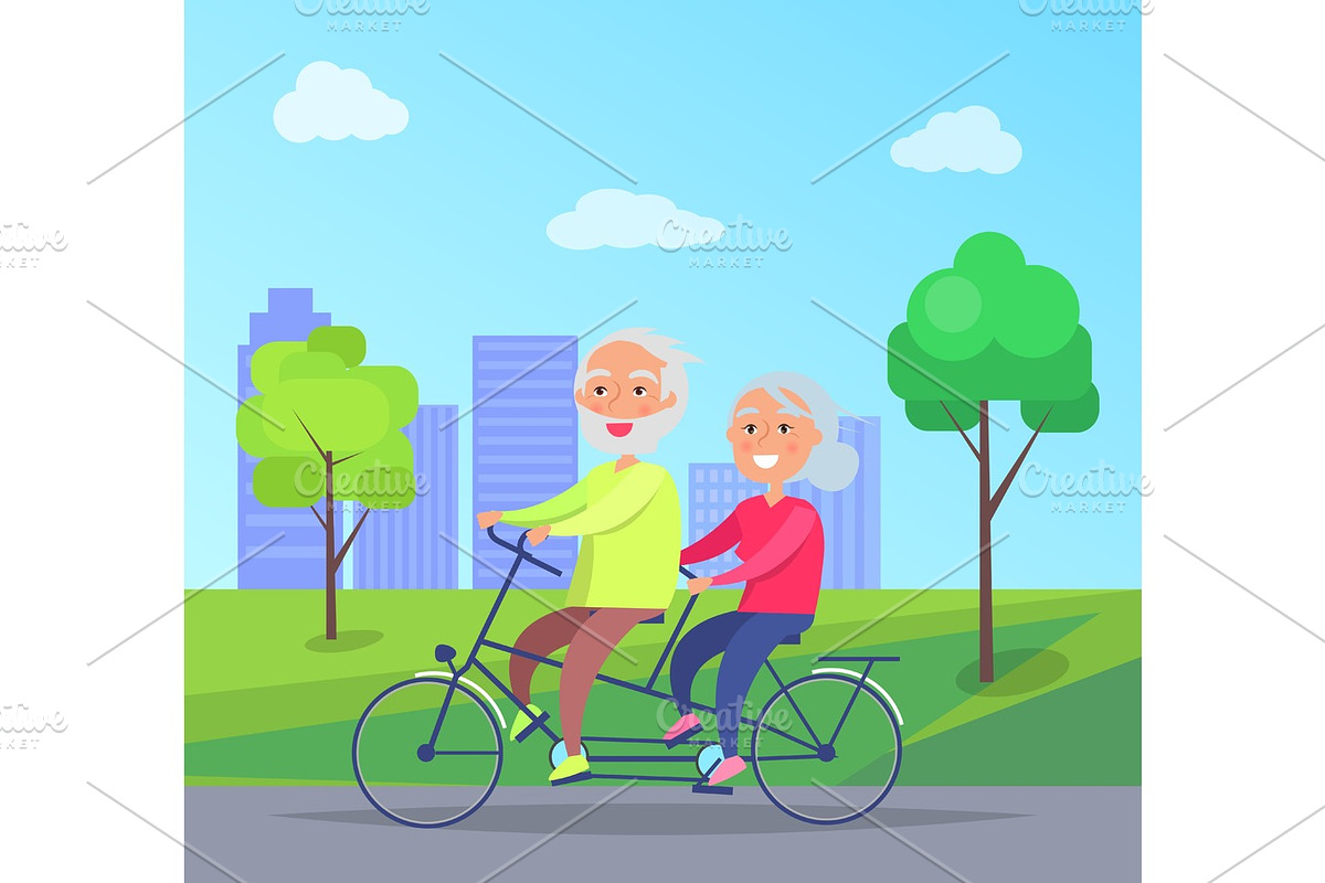 Happy Mature Couple Riding Together on Bike in Illustrations - product preview 8