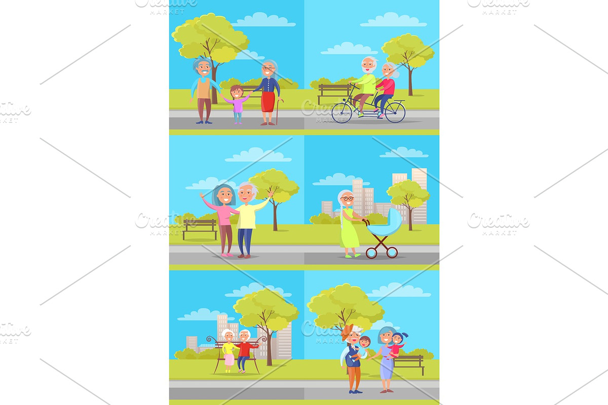 Set of Vector Posters with Grandparents and Kids in Objects - product preview 8