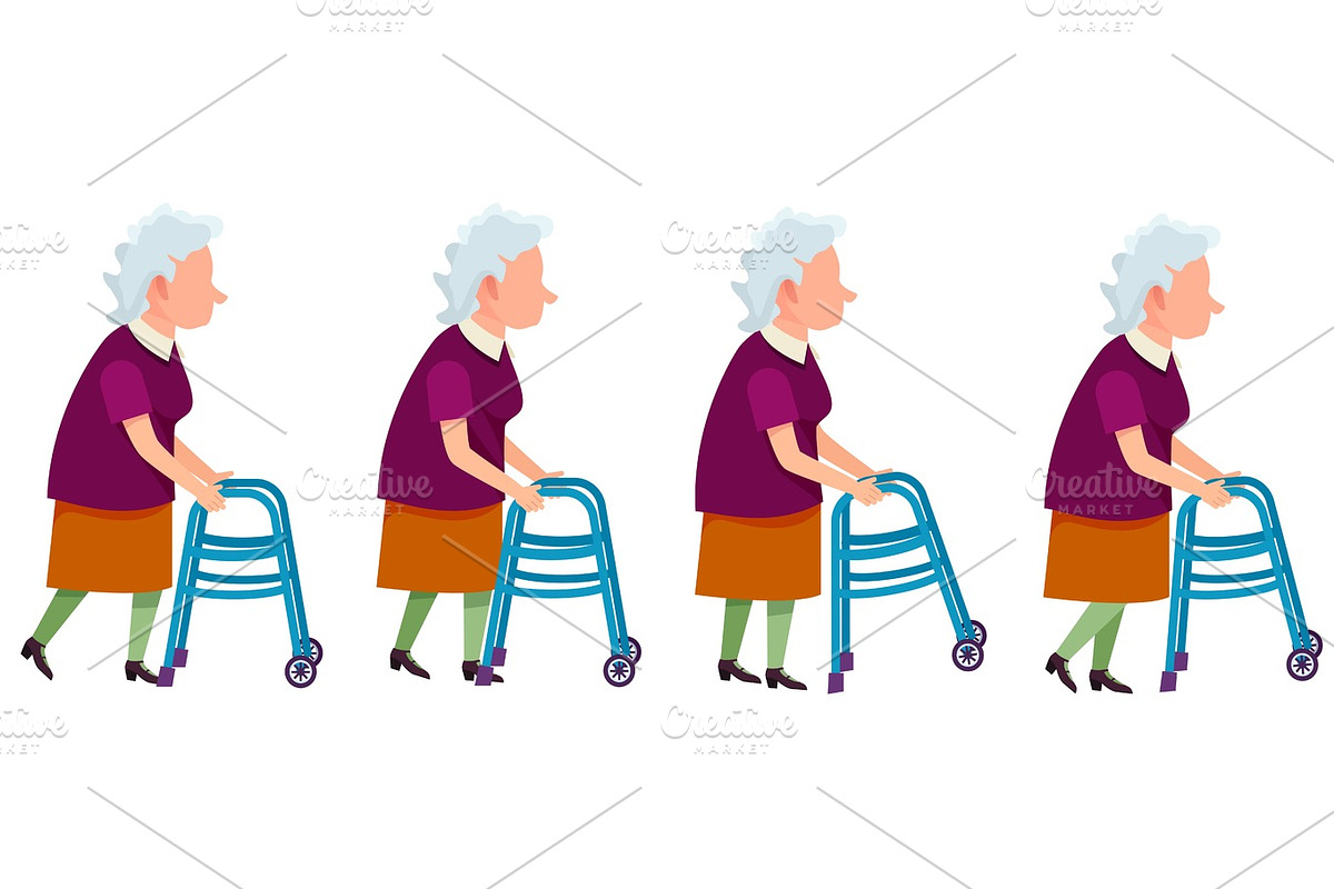 Set of Grandmother Characters Moving on Walkers in Illustrations - product preview 8