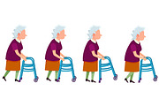 Set of Grandmother Characters Moving on Walkers