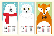 Cute 2018 calendar pages with funny cartoon animals characters