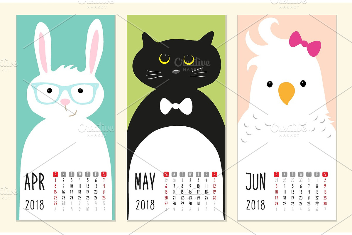 Cute 2018 calendar pages with funny cartoon animals characters in Illustrations - product preview 8