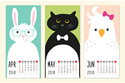 Cute 2018 calendar pages with funny cartoon animals characters
