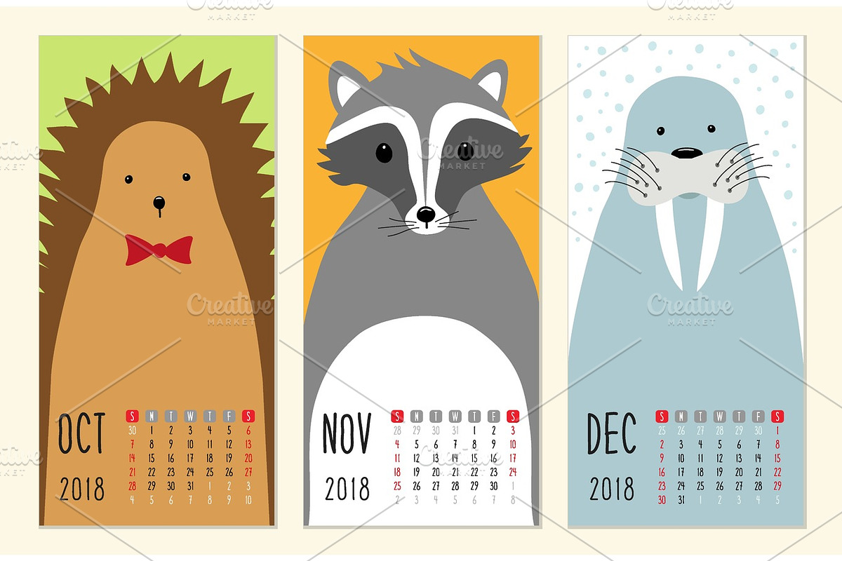 Cute 2018 calendar pages with funny cartoon animals characters in Illustrations - product preview 8