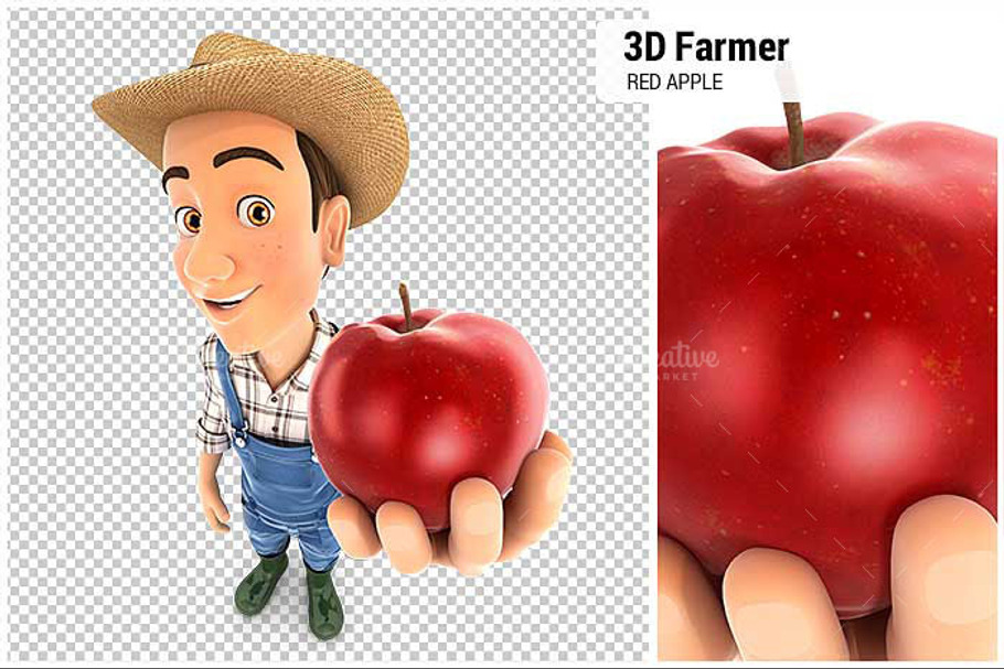 3D Farmer Holding Red Apple in Illustrations - product preview 8
