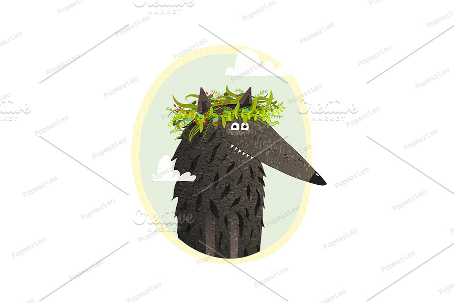 Wolf cute portrait with laurel. in Illustrations - product preview 8