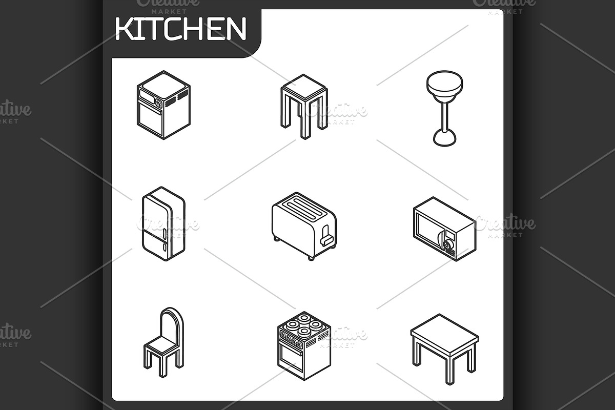 Kitchen outline isometric icons set in Illustrations - product preview 8