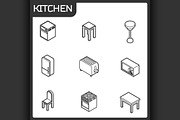 Kitchen outline isometric icons set