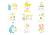 Kids Shop Promo Signs Series Of Colorful Vector Design Templates With Outlined Childish Toy Silhouettes
