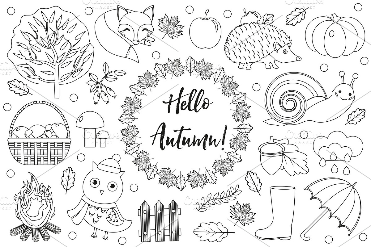 Hello Autumn icons set sketch, hand drawing, doodle style.Collection design elements with leaves, trees, mushrooms, pumpkin, wild animals, umbrella and boots. Vector illustration. in Objects - product preview 8