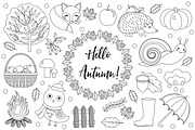 Hello Autumn icons set sketch, hand drawing, doodle style.Collection design elements with leaves, trees, mushrooms, pumpkin, wild animals, umbrella and boots. Vector illustration.