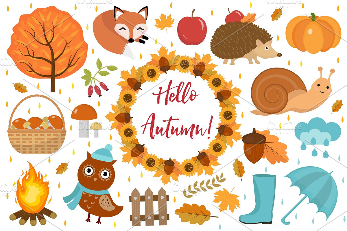 Hello Autumn icons set flat or cartoon style.Collection design elements with leaves, trees, mushrooms, pumpkin, wild animals, umbrella and boots. Isolated on white background. Vector illustration. in Objects - product preview 8