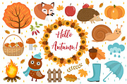 Hello Autumn icons set flat or cartoon style.Collection design elements with leaves, trees, mushrooms, pumpkin, wild animals, umbrella and boots. Isolated on white background. Vector illustration.