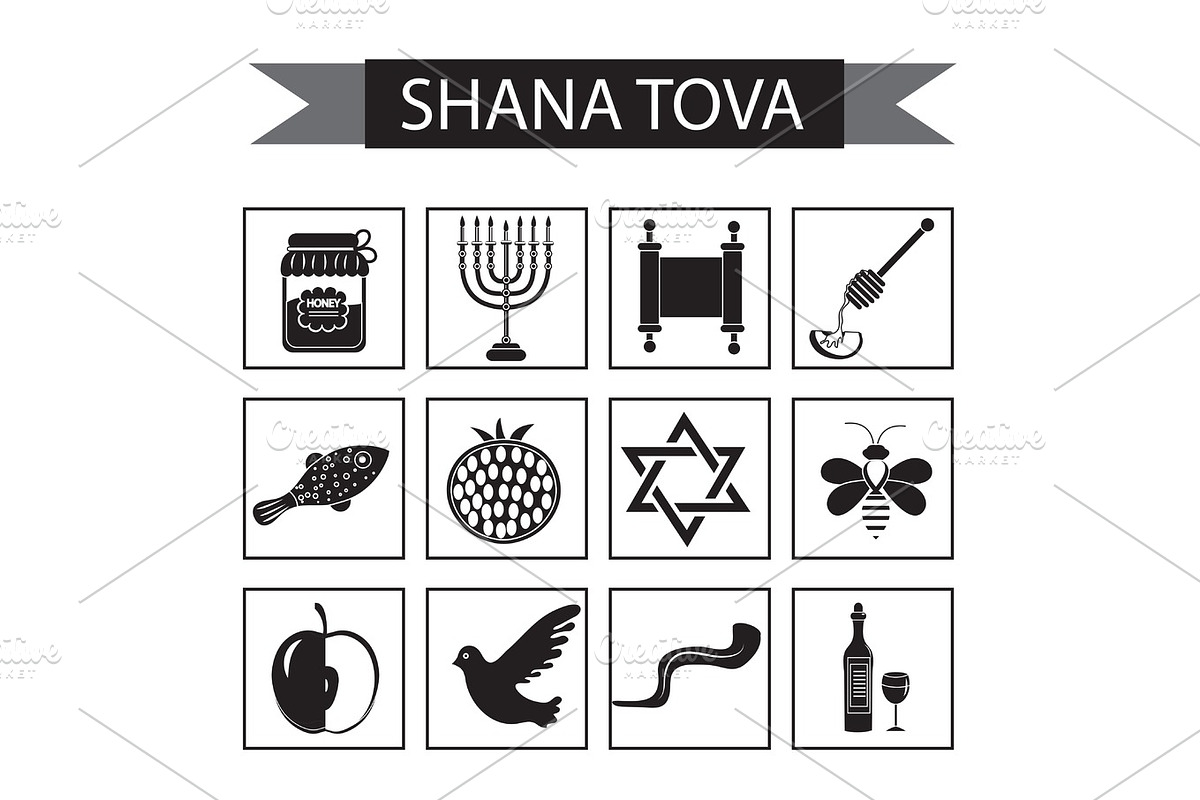 Set icons on the Jewish new year, black silhouette icon, Rosh Hashanah, Shana Tova. Cartoon icons flat style. Traditional symbols of Jewish culture. Vector illustration. in Objects - product preview 8