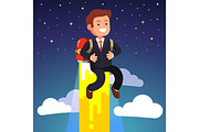 Business man flying on a jetpack fire engine