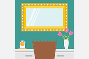 makeup mirror. Table, chair, vase