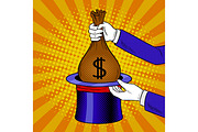 Magician and money from cylinder pop art vector