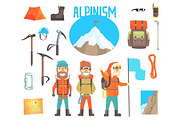 Three Mountaineers And Mountaineering Equipment Set Of Alpinism And Alpinist Tools Vector Illustrations