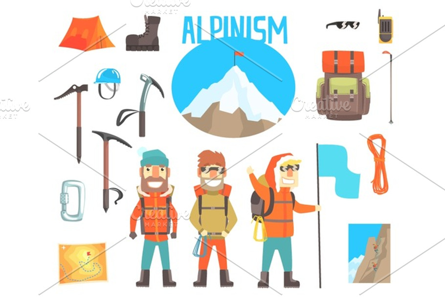 Three Mountaineers And Mountaineering Equipment Set Of Alpinism And Alpinist Tools Vector Illustrations in Illustrations - product preview 8