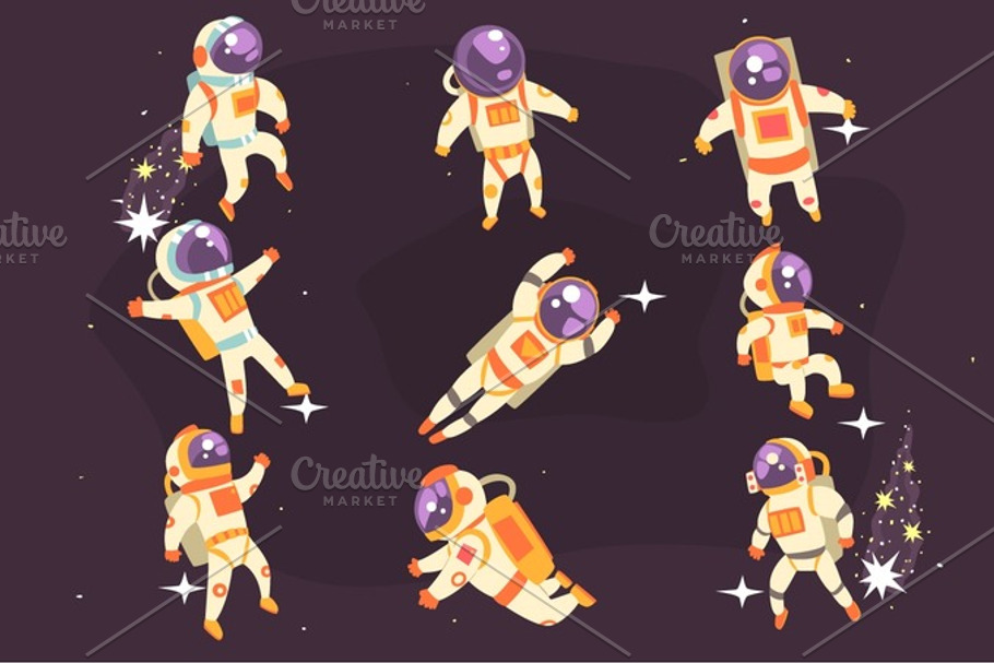 Astronaut In Space Suit Floating In Open Space In Different Positions Set Of Illustrations,