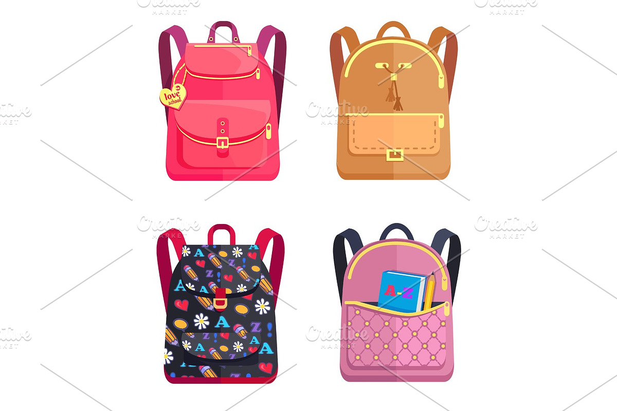 Set of Colorful Rucksacks for Girls or Boys Vector in Objects - product preview 8