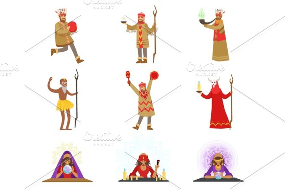 Different Cultures Shamans And Gypsy Fortune-Tellers Set Of Cartoon Characters Performing Occult Rituals