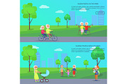 Old People in Park Vector Banner of Mature Couples