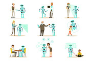 Smiling People And Robot Assistant, Set Of Characters And Service Android Companion