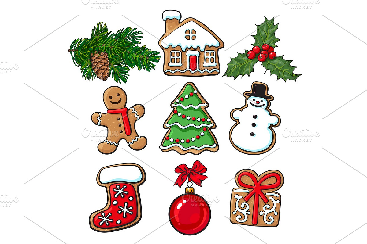 Glazed homemade Christmas gingerbread cookies in Illustrations - product preview 8
