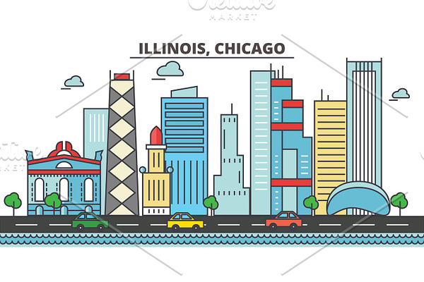 Chicago city skyline: architecture, buildings, streets, silhouette, landscape, panorama, landmarks. Editable strokes. Flat design line vector illustration concept. Isolated icons on white background