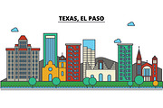 El Paso, Texas. City skyline: architecture, buildings, streets, silhouette, landscape, panorama, landmarks. Editable strokes. Flat design line vector illustration concept. Isolated icons on background