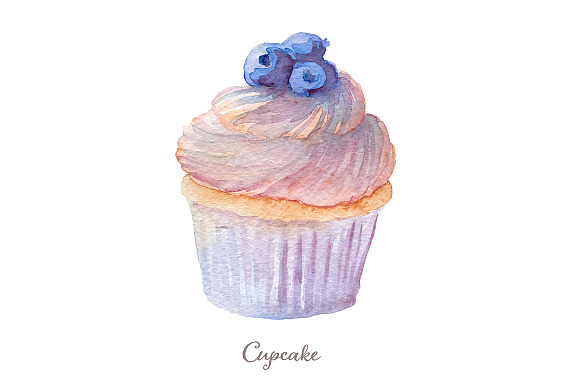 Watercolor hand drawn cupcakes in Illustrations - product preview 1